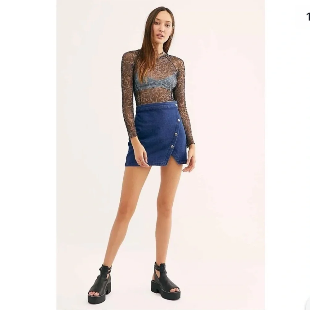 We The Free Notched Denim Wrap Denim Skirt
